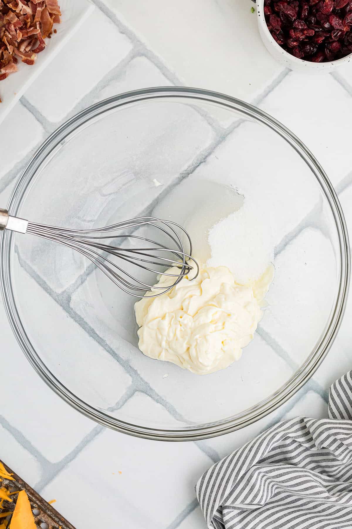 Dressing ingredients in a mixing bowl.