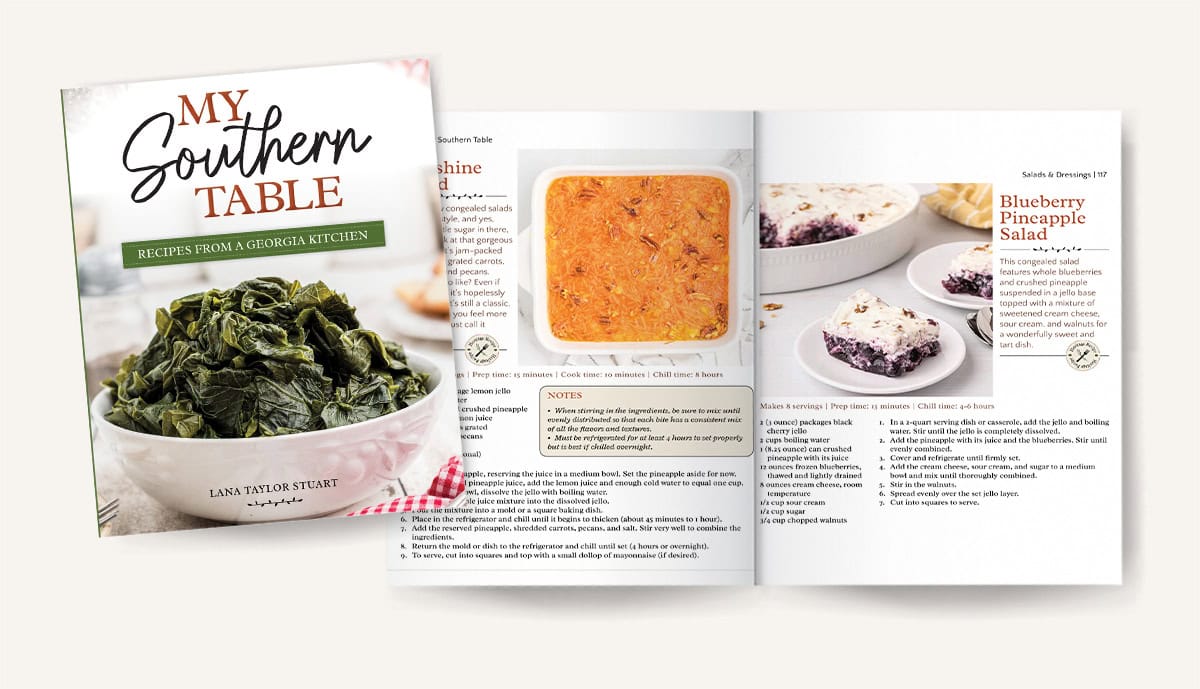 Mockup of pages 116-117 in My Southern Table cookbook.