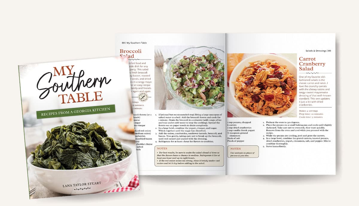 Mockup of pages 88-89 in My Southern Table cookbook.