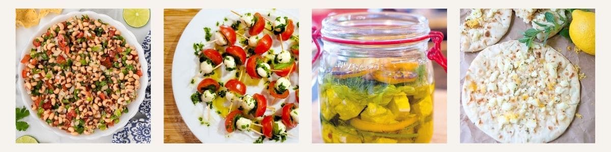 Four dishes shown: Texas Caviar, Mini Caprese Skewers, Marinated Feta with Roasted Lemons, and Sweet Greek Flatbread, arranged side by side.