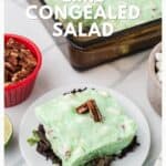 A square serving of green lime congealed salad with pecans on a white plate, beside a dish of pecans.