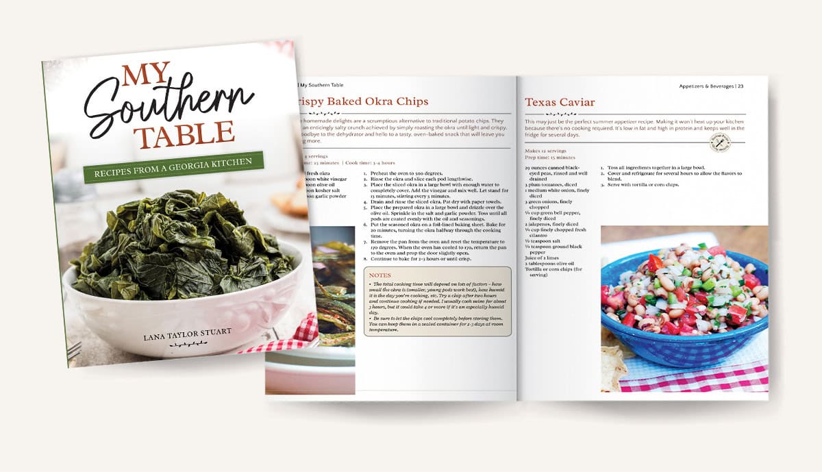 A cookbook titled My Southern Table with an open page showing recipes, a bowl of colorful salad, and a plate of crispy baked okra chips.