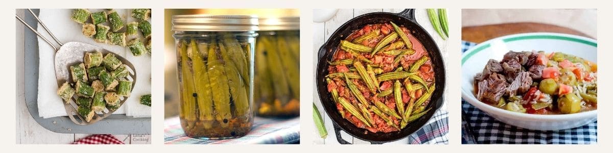Four images of okra dishes: fried, pickled in jars, cooked in a skillet with tomatoes, and creole beef and okra soup..