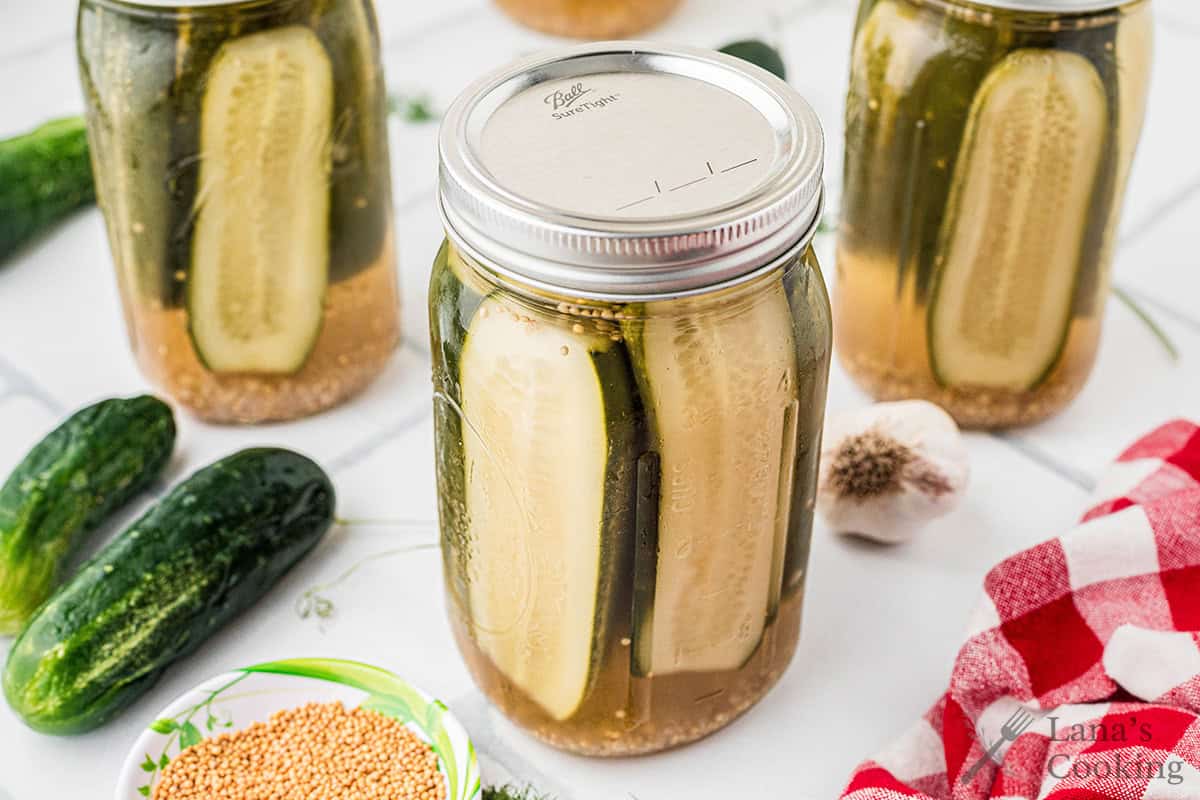 A glass jar filled with pickles in brine sits on a white surface, surrounded by fresh cucumbers, garlic, mustard seeds, and a red checkered cloth.
