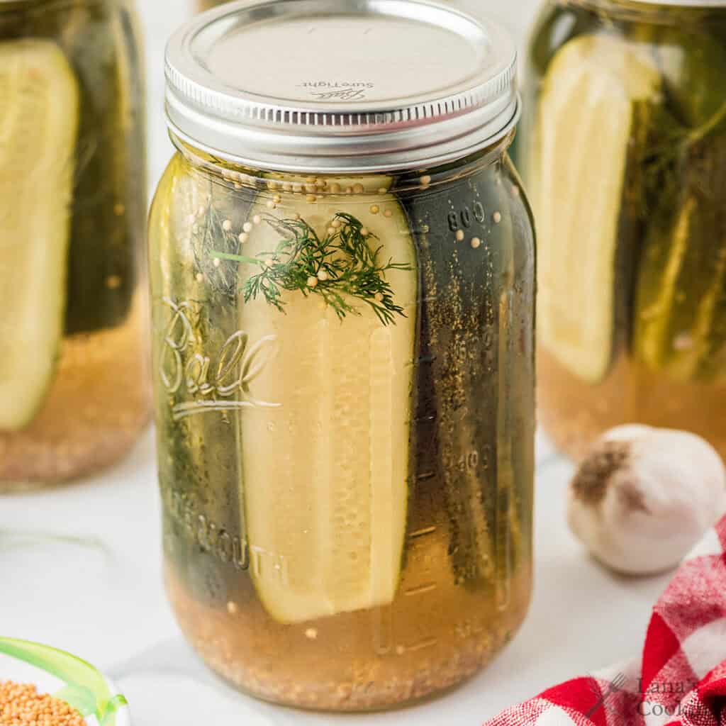 A glass jar filled with refrigerator dill pickles (Claussen copycat), sprigs of dill, and brine, with a metal lid sealed on top. Garlic, mustard seeds, and another jar are visible in the background.
