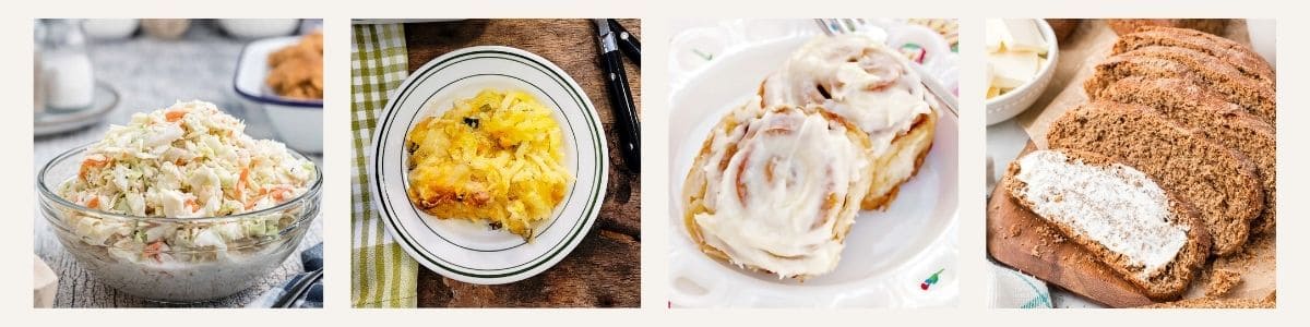 A collage of four foods: a bowl of coleslaw, a plate with hash browns, two iced cinnamon rolls on a plate, and a loaf of brown bread with a buttered slice.