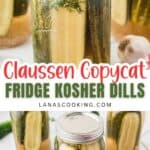 A jar of homemade fridge kosher dill pickles in brine, surrounded by fresh cucumbers and garlic cloves. The label reads Claussen Copycat Fridge Kosher Dills.