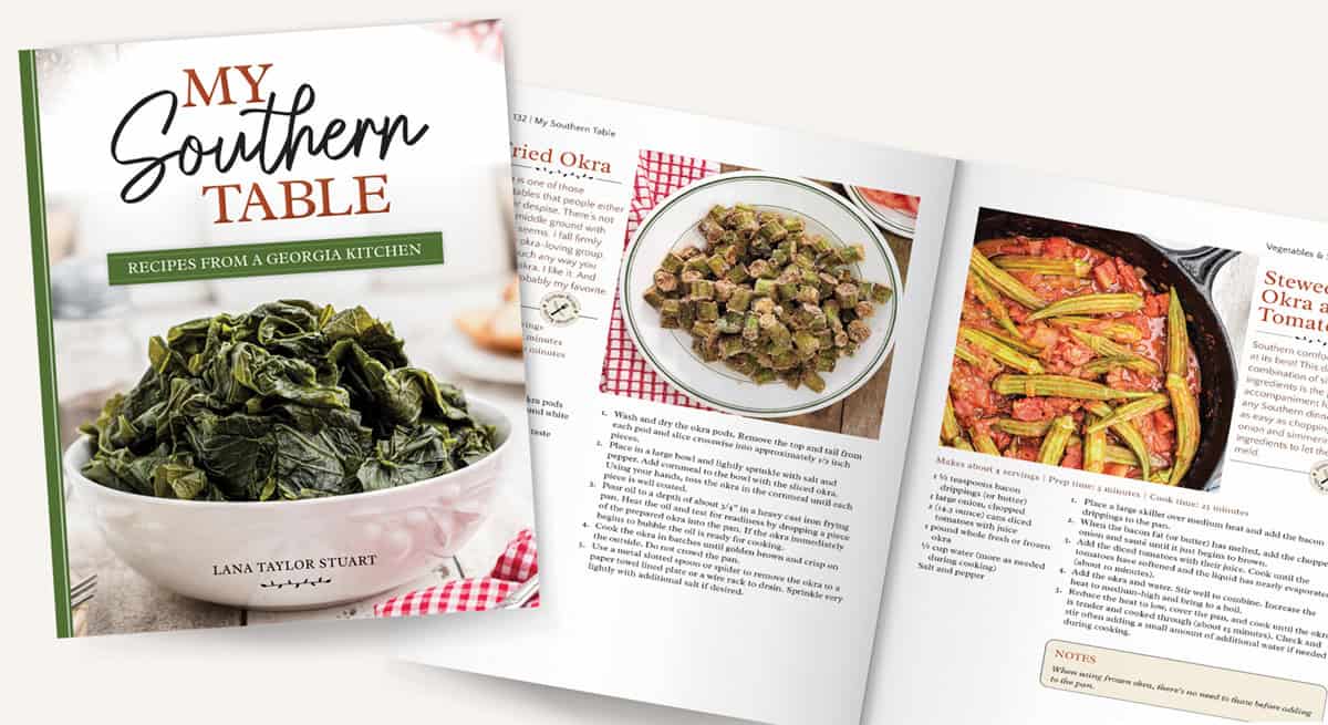 Mockup of My Southern Table cookbook, pages 132-133.