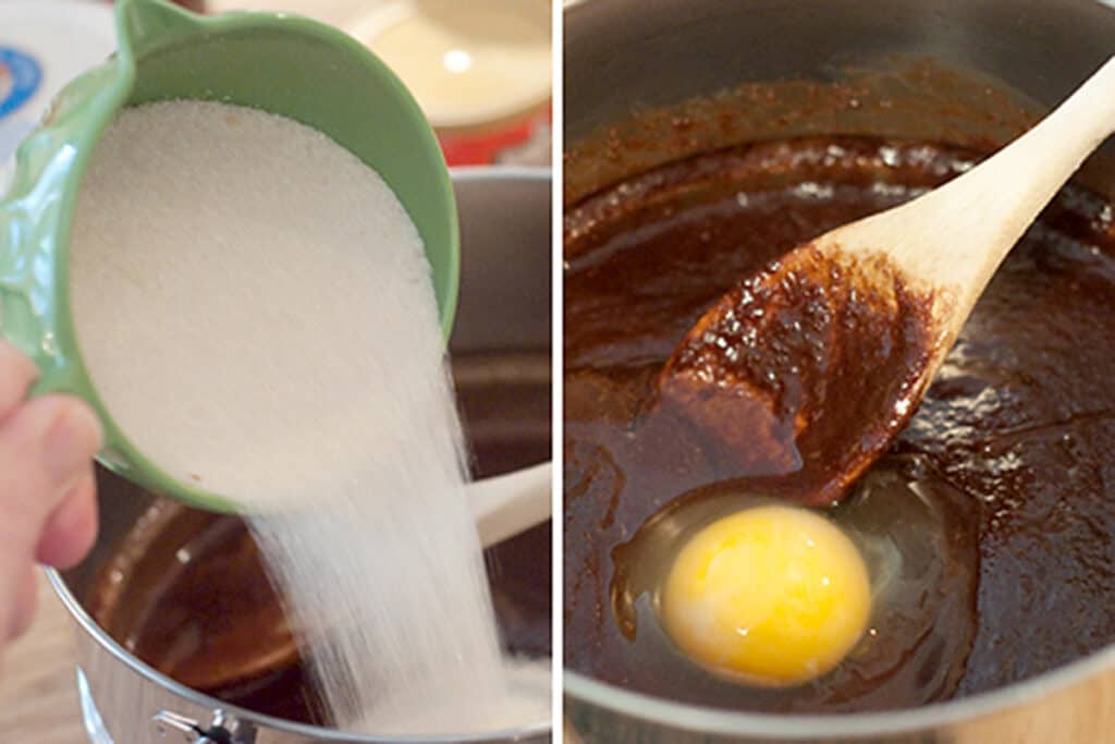 Adding sugar and eggs to the batter.