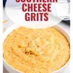 A bowl of creamy cheese grits with pepper, labeled Southern Cheese Grits and a website link at the bottom.