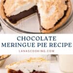 Chocolate meringue pie with a slice missing, and a plated slice showing chocolate filling and fluffy meringue.