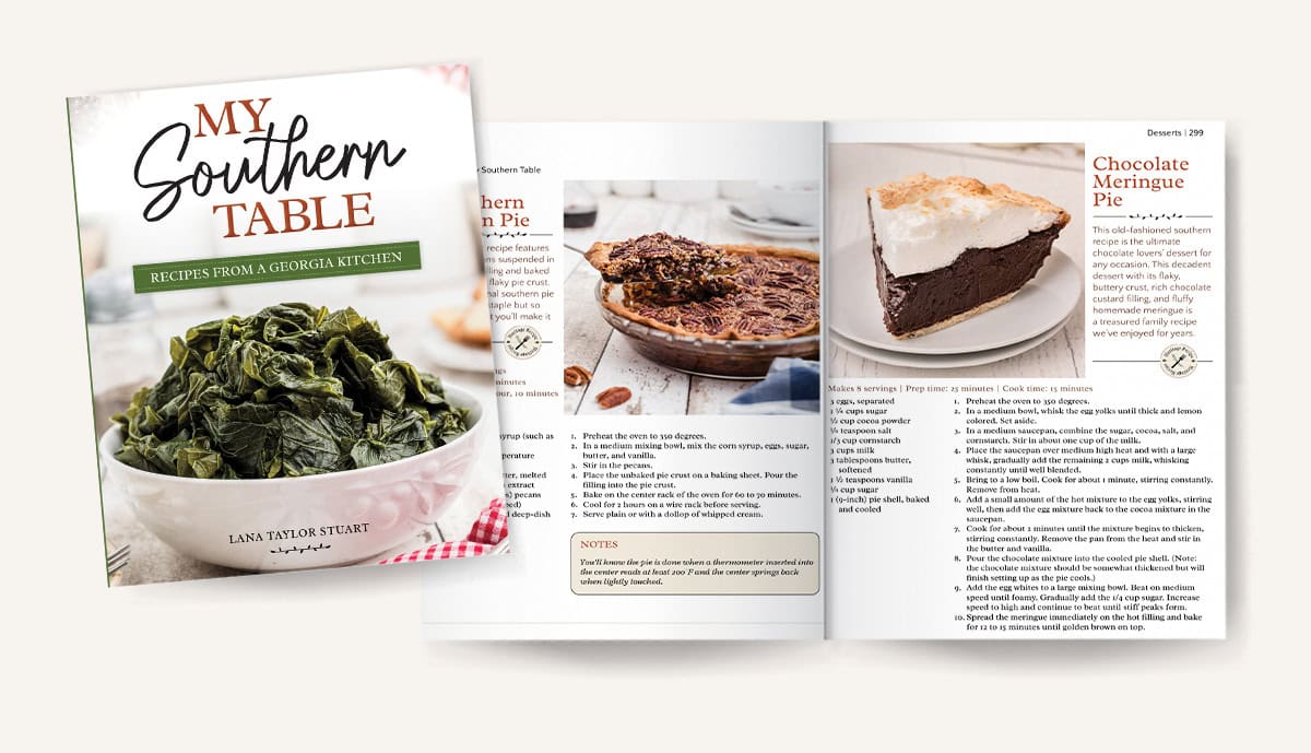 A cookbook titled My Southern Table with a cover photo of greens and an open spread showing pie recipes and images of Southern-style pies.