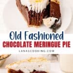 A slice of chocolate meringue pie with a dense chocolate filling and fluffy meringue topping is served on a white plate.