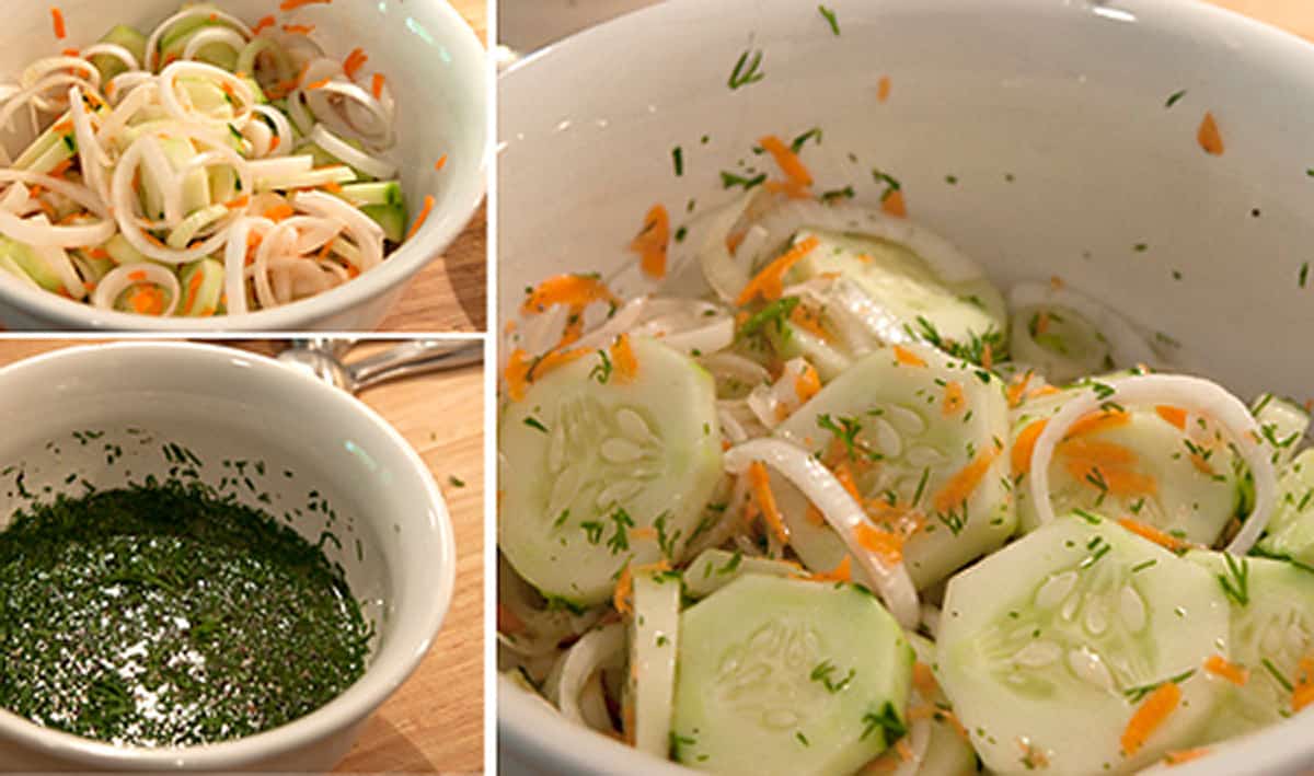Collage showing the process steps for making the salad.