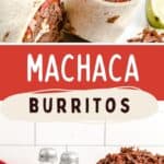 Finished machaca burritos on a plate.