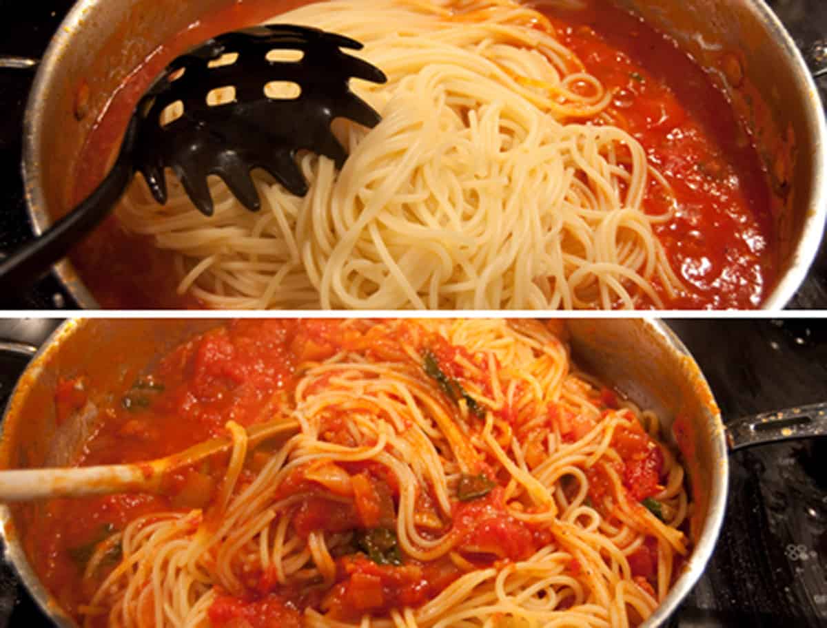 Stirring cooked pasta into the finished tomato basil sauce.