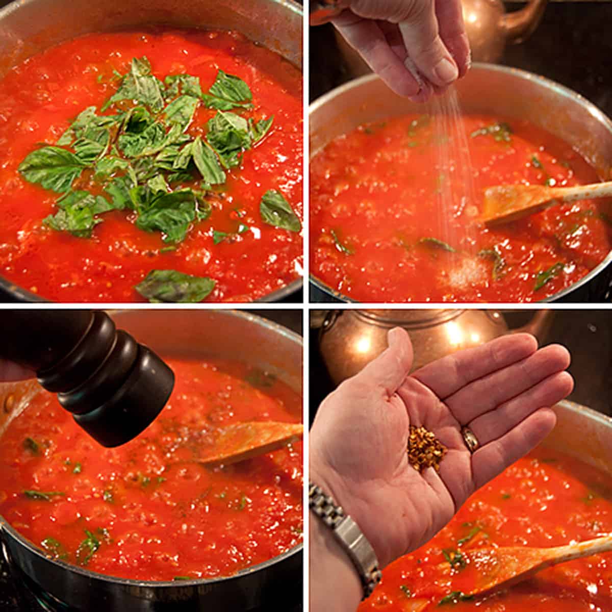 Collage of basil and seasonings being added to the crushed tomatoes.