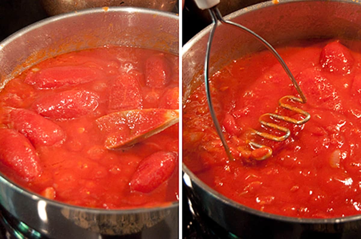 Tomatoes added to a skillet (left) and being crushed with a potato masher (right),