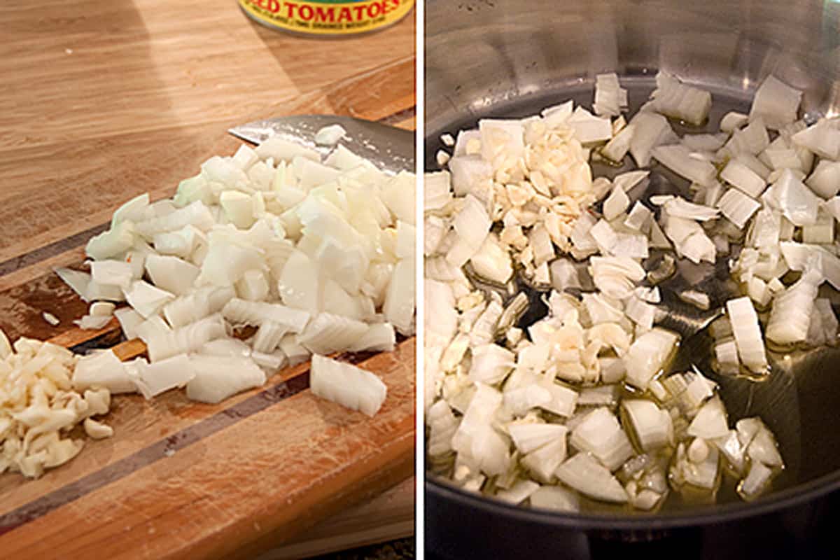 Chopped onion and garlic on a cutting board (left) and in a skillet (right).