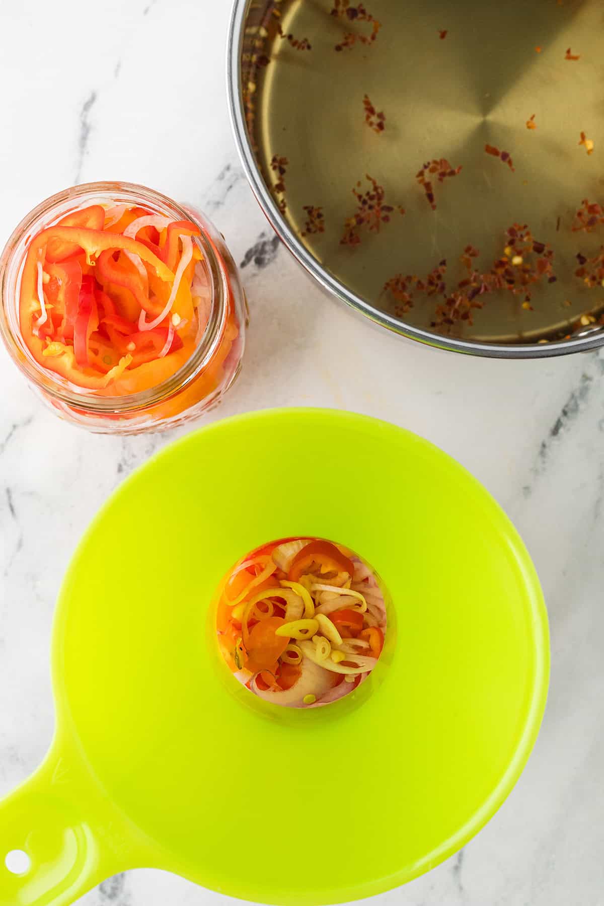 A funnel placed in the mouth of a jar.