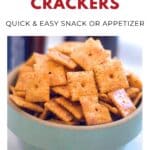 Bowl filled with square spicy cheese crackers, labeled as a quick and easy snack or appetizer.
