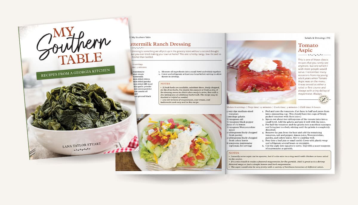 Mockup of pages 112-113 in My Southern Table cookbook.