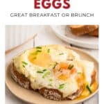 Toasted bread topped with melted cheese, baked eggs, and herbs on a plate, with text about Alpine Eggs.