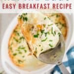 A serving spatula lifts a portion of baked alpine eggs garnished with chopped chives from a casserole dish. Text on the image reads Alpine Eggs Easy Breakfast Recipe and lanascooking.com.