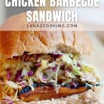A close-up of an Asian-style chicken barbecue sandwich on a whole wheat bun, topped with shredded cabbage and carrots, with text overlay reading Asian Style Chicken Barbecue Sandwich lanascooking.com.