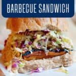 A sandwich on whole grain bread filled with grilled chicken and shredded cabbage slaw, with text that reads Asian Style Chicken Barbecue Sandwich and a web address www.lanascooking.com.