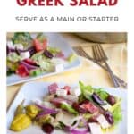 Plate of Greek salad with olives, feta, and peppers on a table, served as a main or starter.