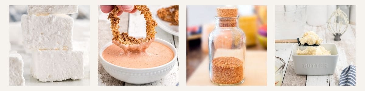 Four images: stacked marshmallows, a hand dipping an onion ring into sauce, a glass jar of seasoning, and a butter-filled dish with a knife.