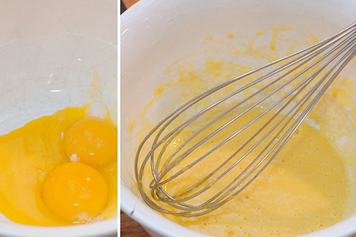 Egg yolks on the left; beaten egg yolks on the right.