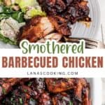 Barbecued chicken pieces with salad on a plate, garnished with herbs; text reads Smothered Barbecued Chicken.