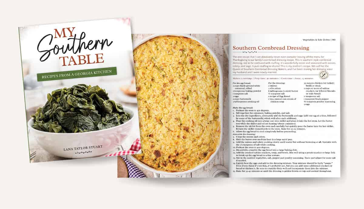 Mockup of pages 148-149 in My Southern Table cookbook.