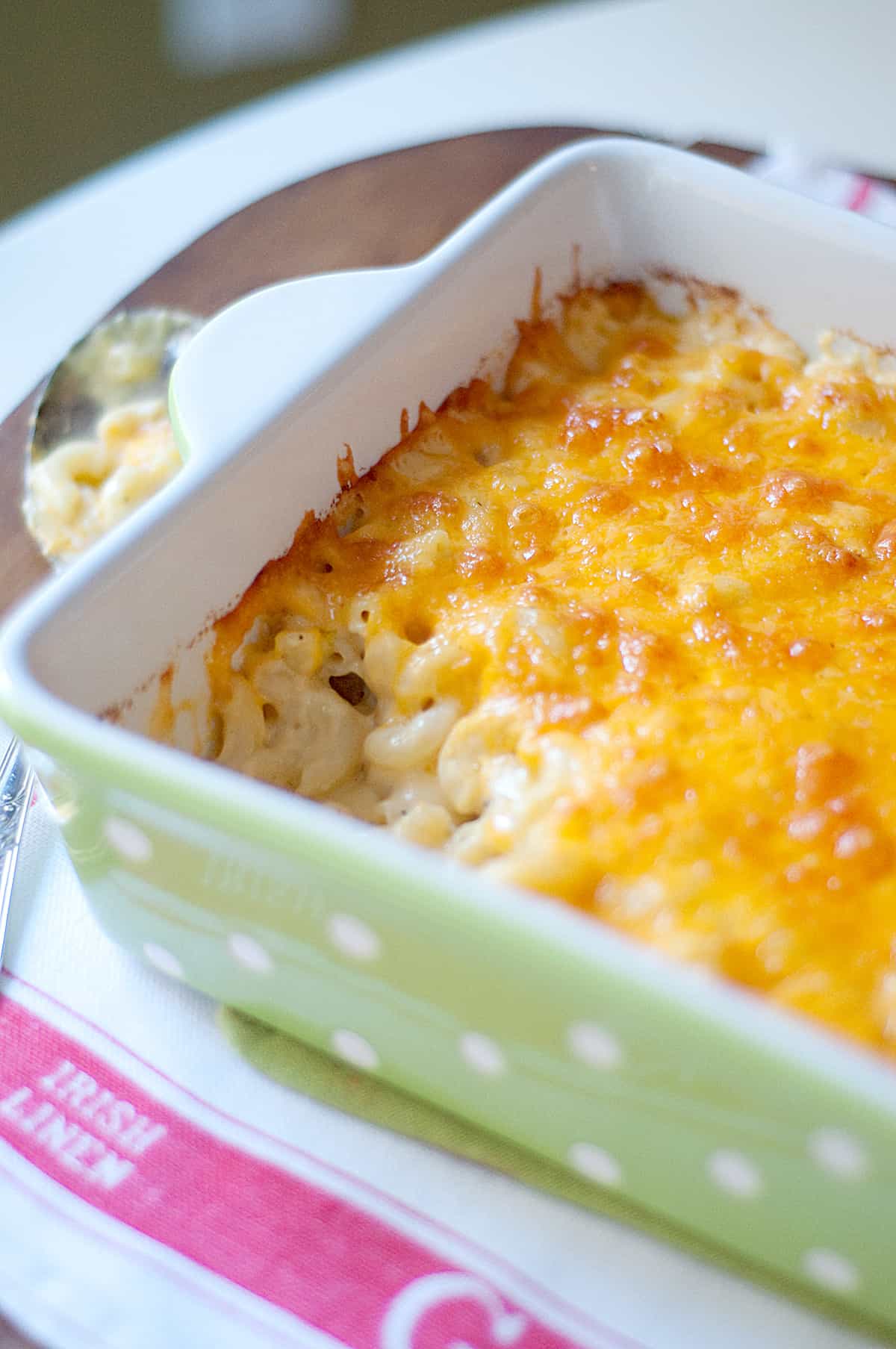 Finished macaroni and cheese in a baking dish.