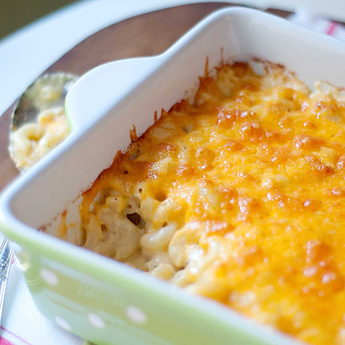 Finished macaroni and cheese in a baking dish.