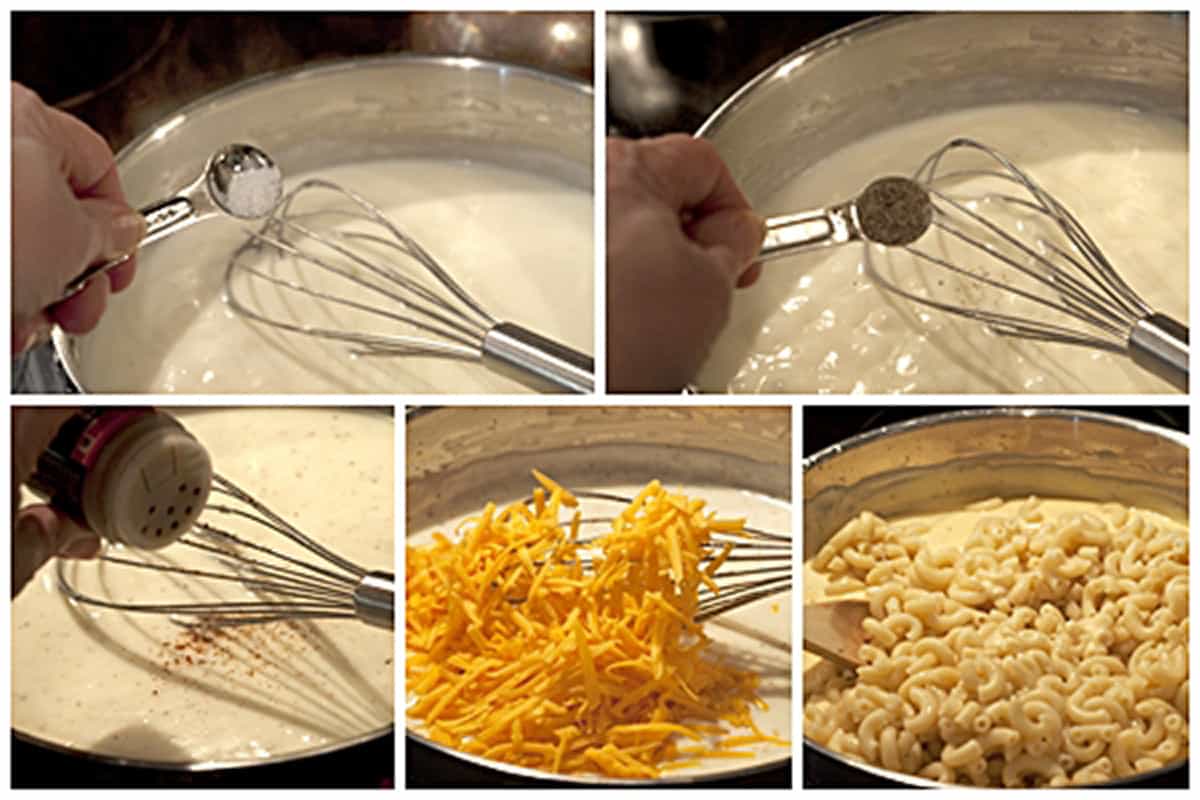 Adding final ingredients to the cheese sauce.