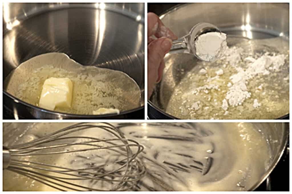 A collage showing the making of roux in a skillet.