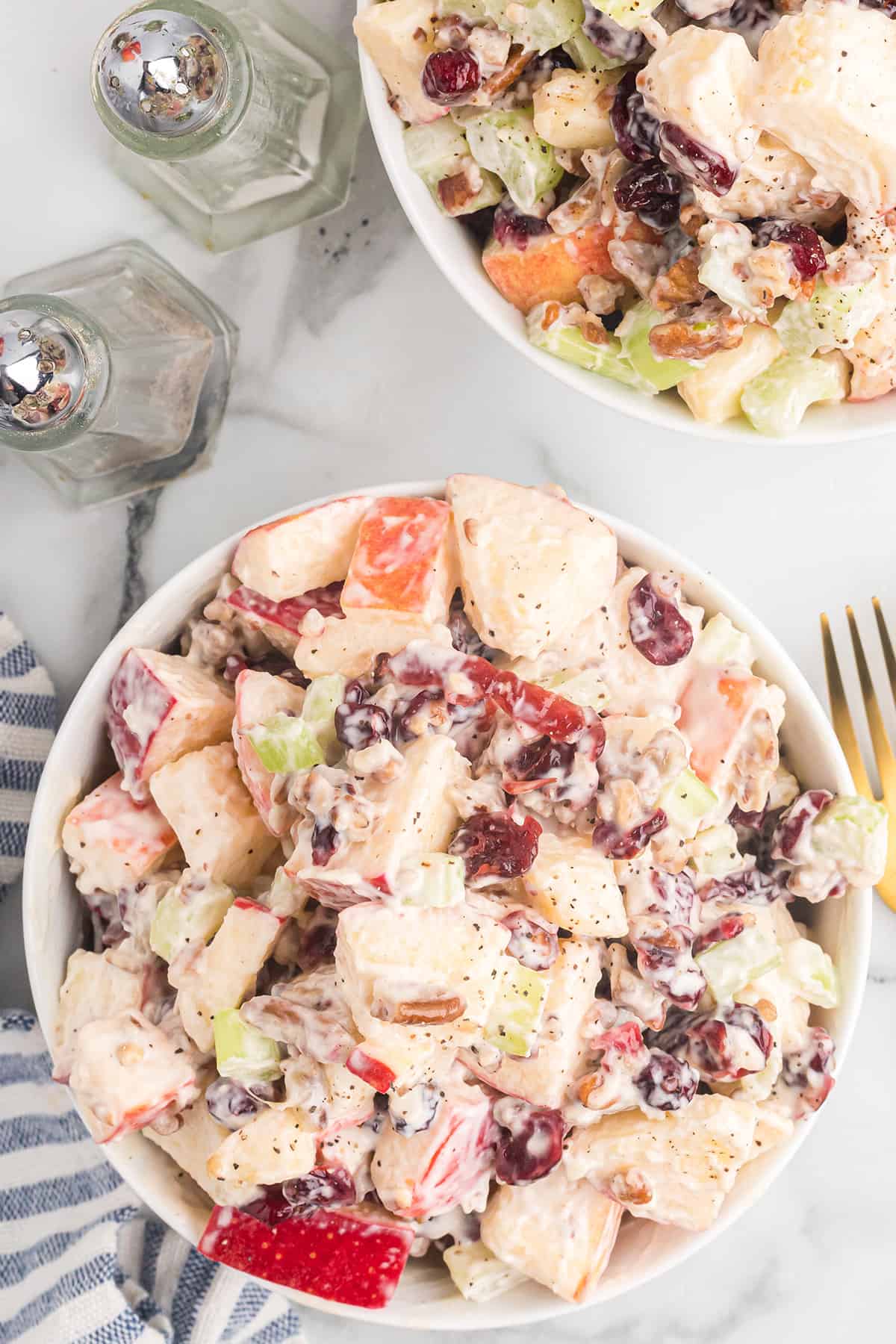 Two bowls of creamy fruit and nut salad with apples, celery, grapes, and walnuts, next to salt and pepper shakers.