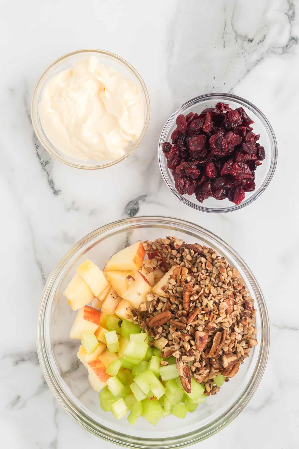 Glass bowls with chopped apple, celery, pecans, dried cranberries, and a bowl of creamy dressing on marble.