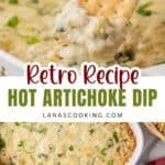 A hand dips a cracker into a creamy hot artichoke dip baked in a white dish, topped with green onions.