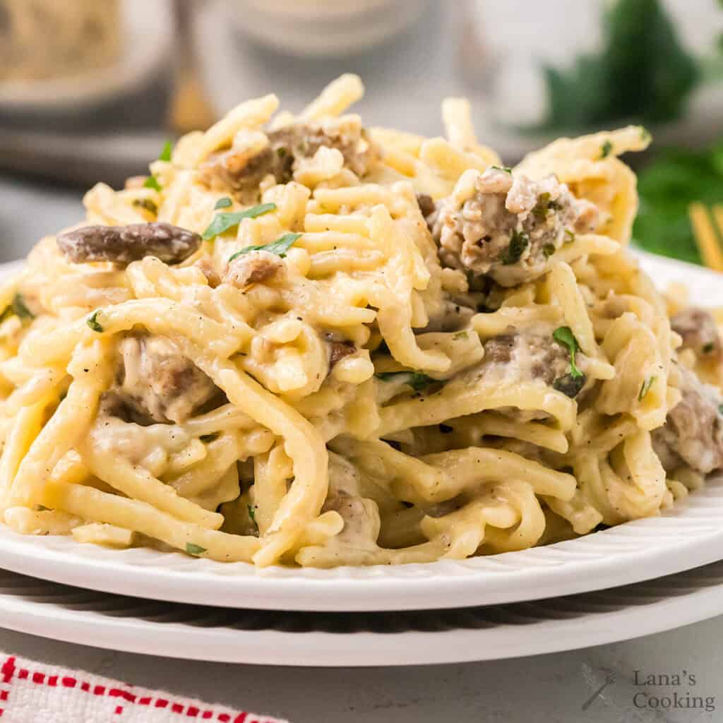 Creamy spaghetti with mushrooms and ground meat, garnished with herbs, served on a white plate.