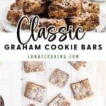 Graham cookie bars stacked and dusted with powdered sugar, surrounded by chocolate and butterscotch chips.