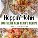 A plate of Hoppin John with rice, black-eyed peas, tomatoes, and green onions, served with a fork and spoon.