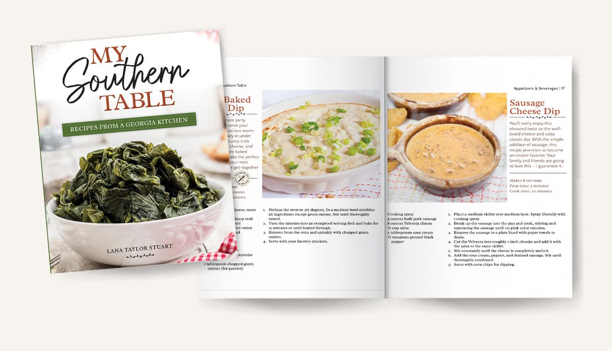 Cookbook My Southern Table cover with greens and open pages showing dip recipes and food photos.