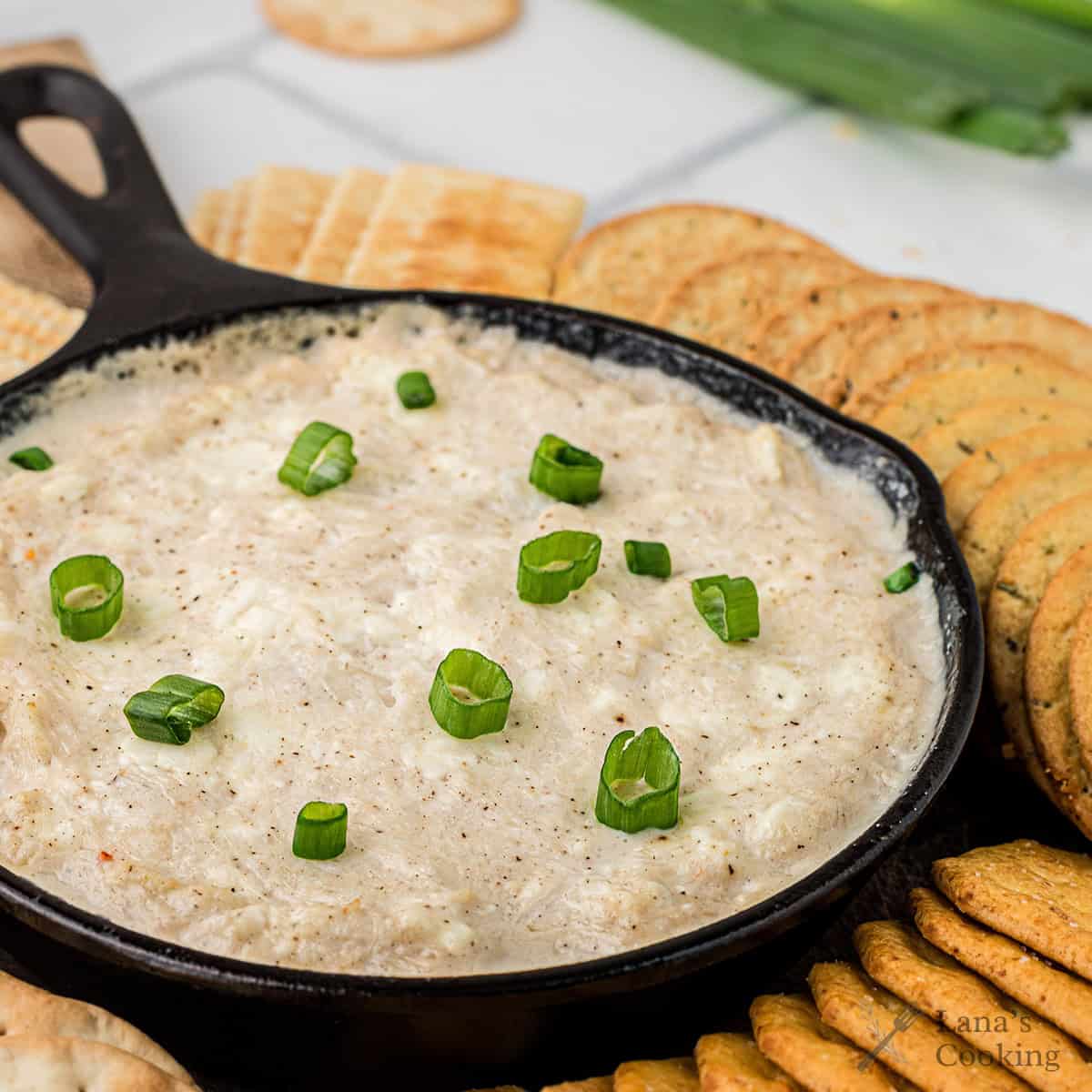 Creamy dip topped with chopped green onions in a skillet, surrounded by assorted crackers.