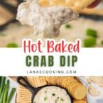 A hand dips a cracker into creamy crab dip, surrounded by crackers in a skillet.
