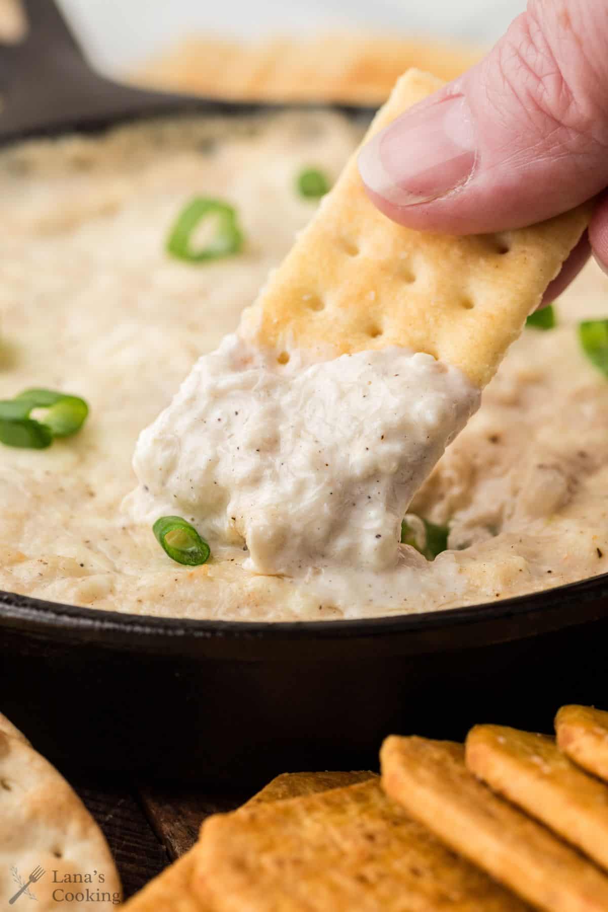 A hand dips a cracker into a creamy dip topped with sliced green onions in a cast iron skillet.