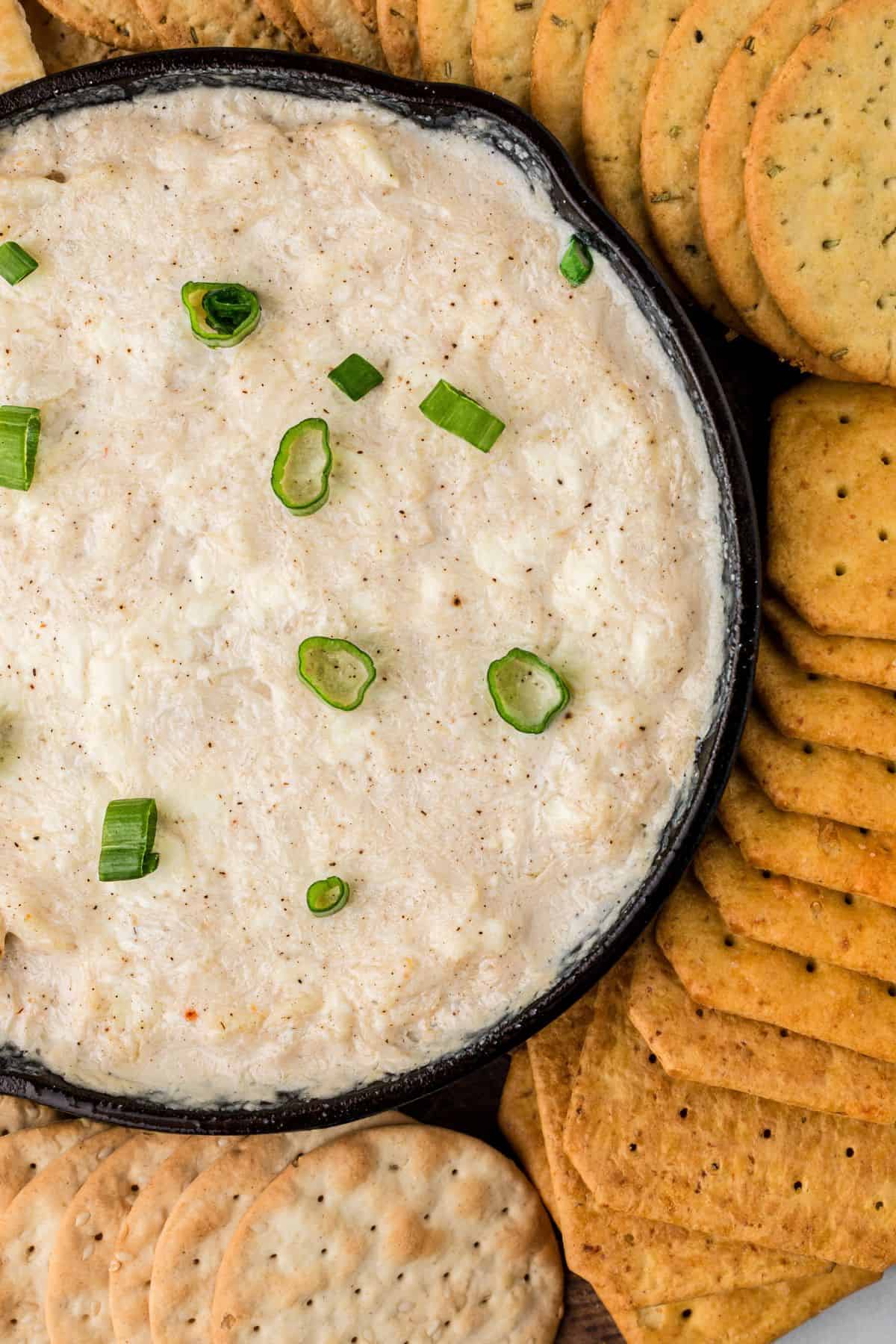 A creamy dip topped with chopped green onions, surrounded by assorted crackers.